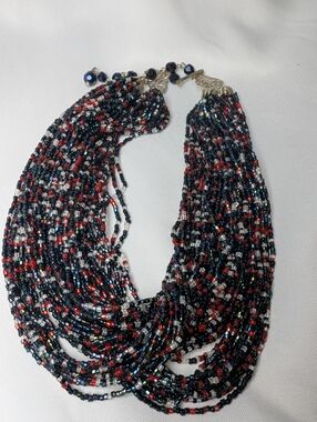 Navy, Red, Clear Beaded Necklace